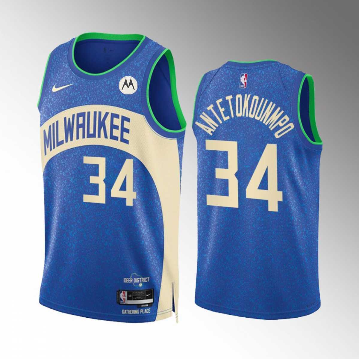 Men's Milwaukee Bucks #34 Giannis Antetokounmpo Blue 2023-24 City Edition Stitched Basketball Jersey Dzhi
